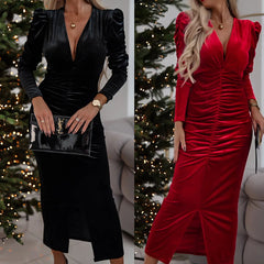 💌Aksamitna, bufiasta sukienka midi z długim rękawem Just Watch Me