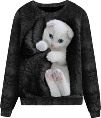 Damskie pulowerowe topy w stylu casual, w paski, damskie, zwierzęce, na co dzień, luźne, z nadrukiem uroczego kota, z długim rękawem, wokół szyi, zimową jesienią