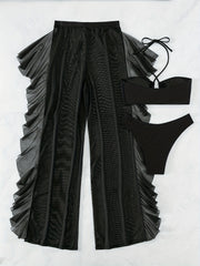 Elegancki 3-częściowy zestaw bikini z przezroczystymi spodniami zakrywającymi i topem typu halter