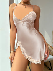 Allure in Comfort: V-Neck Lace-Trim Polyester Nightdress - Sexy Side-Split Sleep Gown for Women, Easy Care & All-Season