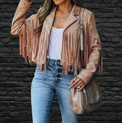 😎 Damska kurtka ze sztucznego zamszu z frędzlami, retro, z klapami, z długim rękawem i frędzlami, krótka, hipisowska kurtka motocyklowa typu kardigan