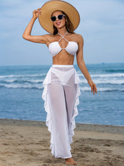 Elegancki 3-częściowy zestaw bikini z przezroczystymi spodniami zakrywającymi i topem typu halter