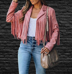 😎 Damska kurtka ze sztucznego zamszu z frędzlami, retro, z klapami, z długim rękawem i frędzlami, krótka, hipisowska kurtka motocyklowa typu kardigan
