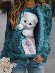 Damskie pulowerowe topy w stylu casual, w paski, damskie, zwierzęce, na co dzień, luźne, z nadrukiem uroczego kota, z długim rękawem, wokół szyi, zimową jesienią