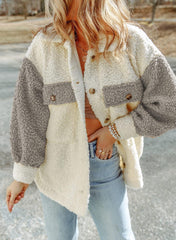 🤩Szeroka, pluszowa kurtka z długimi rękawami i podwójną kieszenią w bloki kolorów