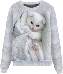 Damskie pulowerowe topy w stylu casual, w paski, damskie, zwierzęce, na co dzień, luźne, z nadrukiem uroczego kota, z długim rękawem, wokół szyi, zimową jesienią