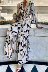 Codzienny, swobodny, geometryczny nadruk, sznurowany, kontrastowy, jednoczęściowy garnitur z dekoltem w kształcie litery U. Sukienki