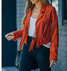 😎 Damska kurtka ze sztucznego zamszu z frędzlami, retro, z klapami, z długim rękawem i frędzlami, krótka, hipisowska kurtka motocyklowa typu kardigan