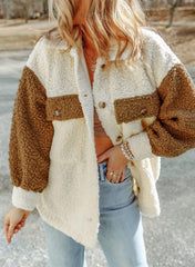 🤩Szeroka, pluszowa kurtka z długimi rękawami i podwójną kieszenią w bloki kolorów