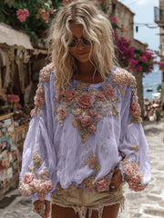 Koszula damska vintage z haftem w kolorze różowej róży, casualowa, z okrągłym dekoltem