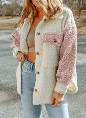 🤩Szeroka, pluszowa kurtka z długimi rękawami i podwójną kieszenią w bloki kolorów