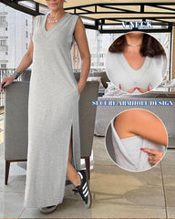 Casualowa sukienka z kieszeniami i dekoltem w kształcie litery V