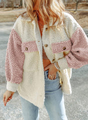 🤩Szeroka, pluszowa kurtka z długimi rękawami i podwójną kieszenią w bloki kolorów