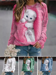 Damskie pulowerowe topy w stylu casual, w paski, damskie, zwierzęce, na co dzień, luźne, z nadrukiem uroczego kota, z długim rękawem, wokół szyi, zimową jesienią