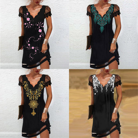 Damska sukienka midi z krótkim rękawem, dekoltem w szpic, koronką i kwiatowym nadrukiem