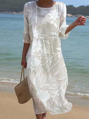 Damska sukienka casualowa z okrągłym dekoltem i średnim rękawem, z nadrukiem z bawełny i lnu