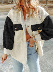 🤩Szeroka, pluszowa kurtka z długimi rękawami i podwójną kieszenią w bloki kolorów