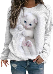 Damskie pulowerowe topy w stylu casual, w paski, damskie, zwierzęce, na co dzień, luźne, z nadrukiem uroczego kota, z długim rękawem, wokół szyi, zimową jesienią