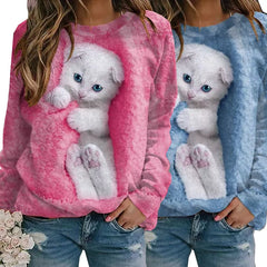 Damskie pulowerowe topy w stylu casual, w paski, damskie, zwierzęce, na co dzień, luźne, z nadrukiem uroczego kota, z długim rękawem, wokół szyi, zimową jesienią