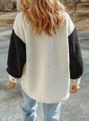 🤩Szeroka, pluszowa kurtka z długimi rękawami i podwójną kieszenią w bloki kolorów