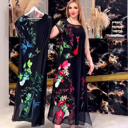 Nowa sukienka midi z krótkim rękawem i szyfonu z nadrukiem motyli