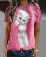 Damskie pulowerowe topy w stylu casual, w paski, damskie, zwierzęce, na co dzień, luźne, z nadrukiem uroczego kota, z długim rękawem, wokół szyi, zimową jesienią