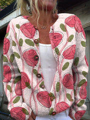 Sweter kardigan z nadrukiem świeżych różowych róż zapinany na guziki