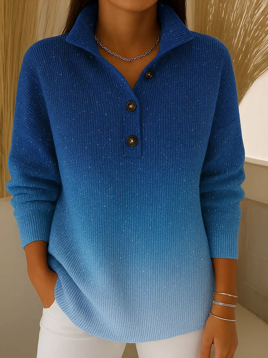 Damski kardigan z długim rękawem i kołnierzykiem w gradientowym wzorze, luźny, dzianinowy, zdobiony cekinami