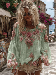 Koszula damska vintage z haftem w kolorze różowej róży, casualowa, z okrągłym dekoltem