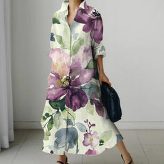 Biała lniana mieszanka Vintage drukowana długa sukienka