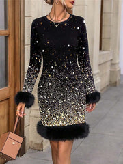 Damska Czarna aksamitna sukienka Sukienka koktajlowa Czarny złoty wzór Wykończenie ze sztucznego futra Płaszcz Do kolan Długi rękaw Impreza Elegancka Zima