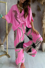 Casualowy nadruk patchworkowy z dekoltem w kształcie litery V, pół rękawa, dwie sztuki (9 kolorów)