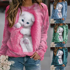 Damskie pulowerowe topy w stylu casual, w paski, damskie, zwierzęce, na co dzień, luźne, z nadrukiem uroczego kota, z długim rękawem, wokół szyi, zimową jesienią