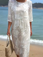 Damska sukienka casualowa z okrągłym dekoltem i średnim rękawem, z nadrukiem z bawełny i lnu