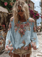 Koszula damska vintage z haftem w kolorze różowej róży, casualowa, z okrągłym dekoltem