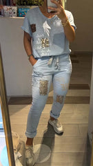 Damski swobodny zestaw topu i spodni z dekoltem w serek i złotym nadrukiem