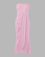 Bez rękawów Ruched Cinched talia Wrap Bandeau Dress Haft Eyelet Slit Asymetryczna sukienka wakacyjna