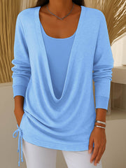 Damska bluzka z długim rękawem i kołnierzem typu swing w jednolitym kolorze, imitująca dwuczęściowy komplet