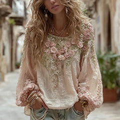 Koszulka damska vintage różowa róża róży okrągła