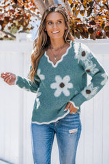 💃OSTATNI DZIEŃ 50% ZNIŻKI✨🍂Damski sweter z kwiatowym wzorem i wycięciem w kształcie muszelki
