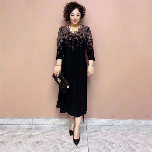 Damska szlachetna elegancka sukienka z brokatowym dekoltem