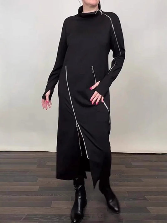 Modna, jednokolorowa, długa spódnica damska z trzema zamkami