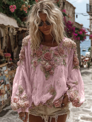 Koszula damska vintage z haftem w kolorze różowej róży, casualowa, z okrągłym dekoltem