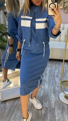 Sukienka z okrągłym dekoltem i marynarka damska, garnitur casualowy