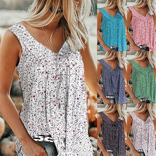 Damska koszulka z nadrukiem, bez rękawów, z dekoltem w kształcie litery V