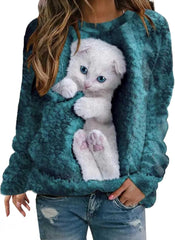 Damskie pulowerowe topy w stylu casual, w paski, damskie, zwierzęce, na co dzień, luźne, z nadrukiem uroczego kota, z długim rękawem, wokół szyi, zimową jesienią