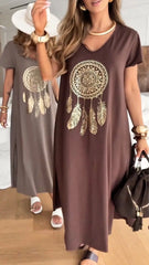 Damska sukienka swobodna z dekoltem w serek i nadrukiem