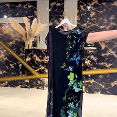 Nowa sukienka midi z krótkim rękawem i szyfonu z nadrukiem motyli