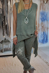 Damski top na co dzień w jednolitym kolorze, bez rękawów, z nieregularnym brzegiem