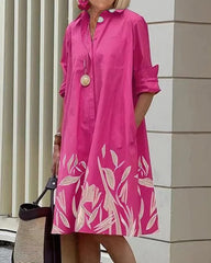 Sukienka koszulowa damska z nadrukiem i średniej długości rękawem